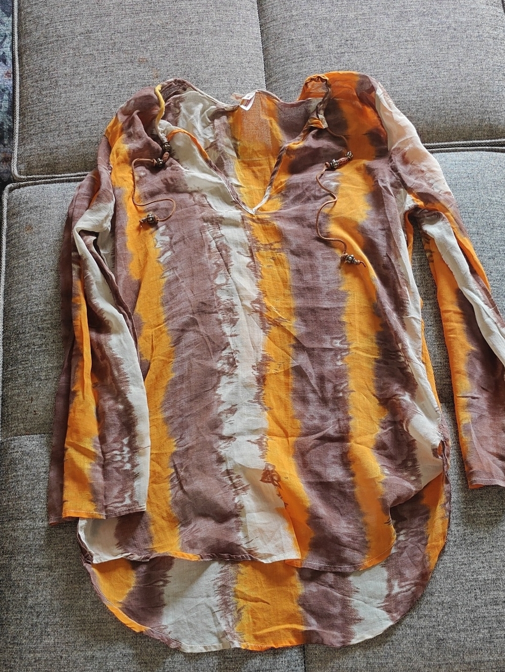 Joie Striped Tie-Dye Long Sleeve V-Neck Tunic in Orange, Brown, Cream